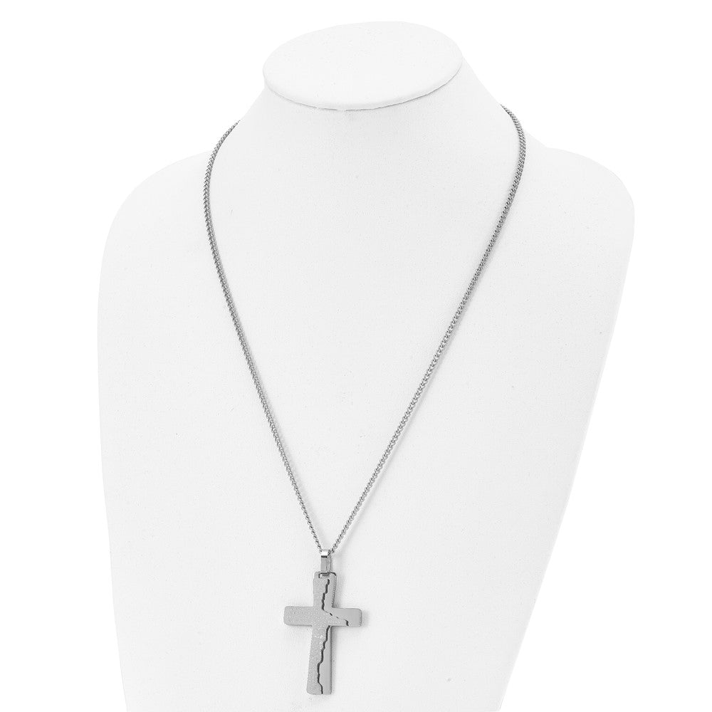 Stainless Steel Polished Etched Broken Prayer Cross 24in Necklace