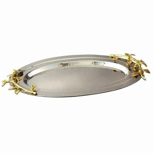 Leeber 70037 Elegance Gilt Leaf Oval Hammered Stainless Steel Tray, 16.5 x 10 in.