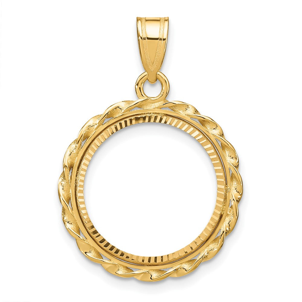 Wideband Distinguished Coin Jewelry 14k Polished Diamond-cut and Wide Twisted Wire 16.5mm Prong Coin Bezel Pendant