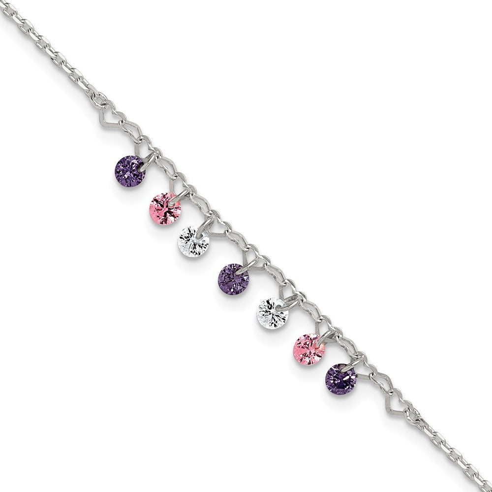 Sterling Silver Polished Purple/Pink/White CZ with Hearts 9 inch with 1 inch Extension Anklet