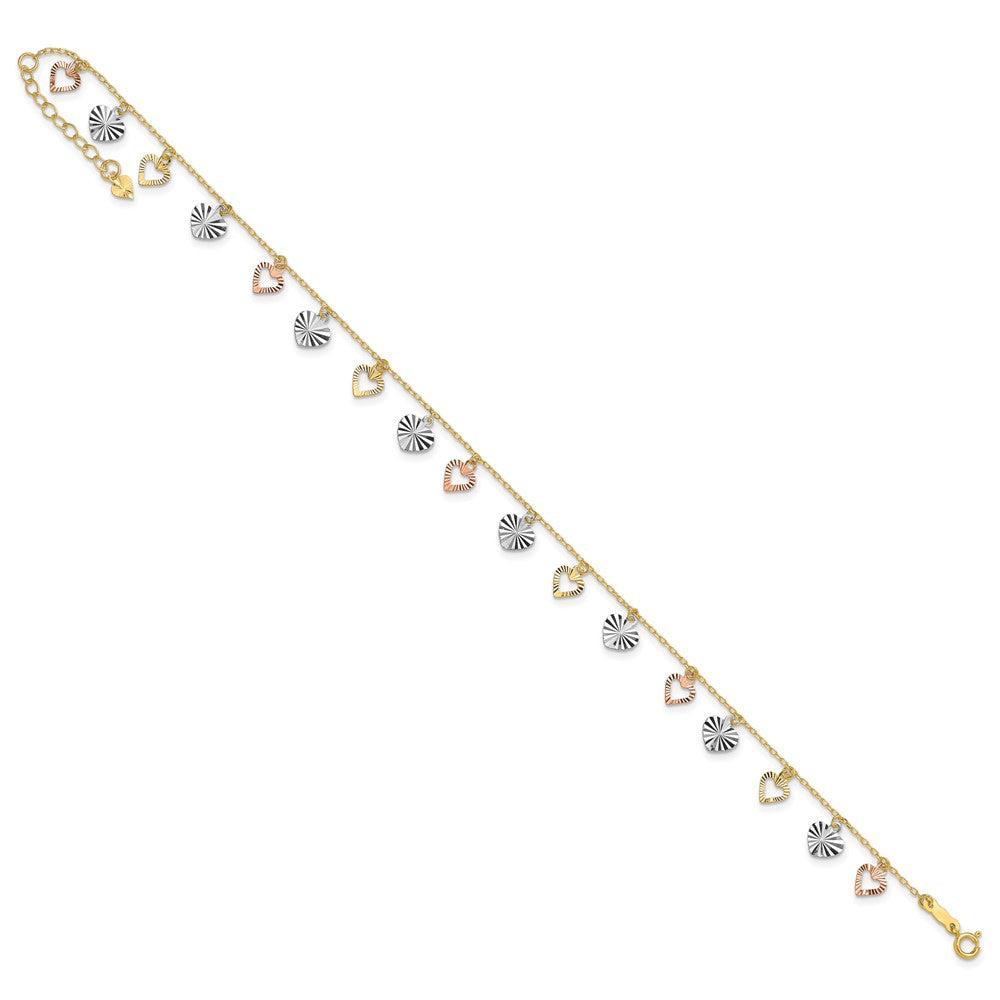 14K Tri-Color Heart 9in Plus 1in ext  Anklet 9 inches