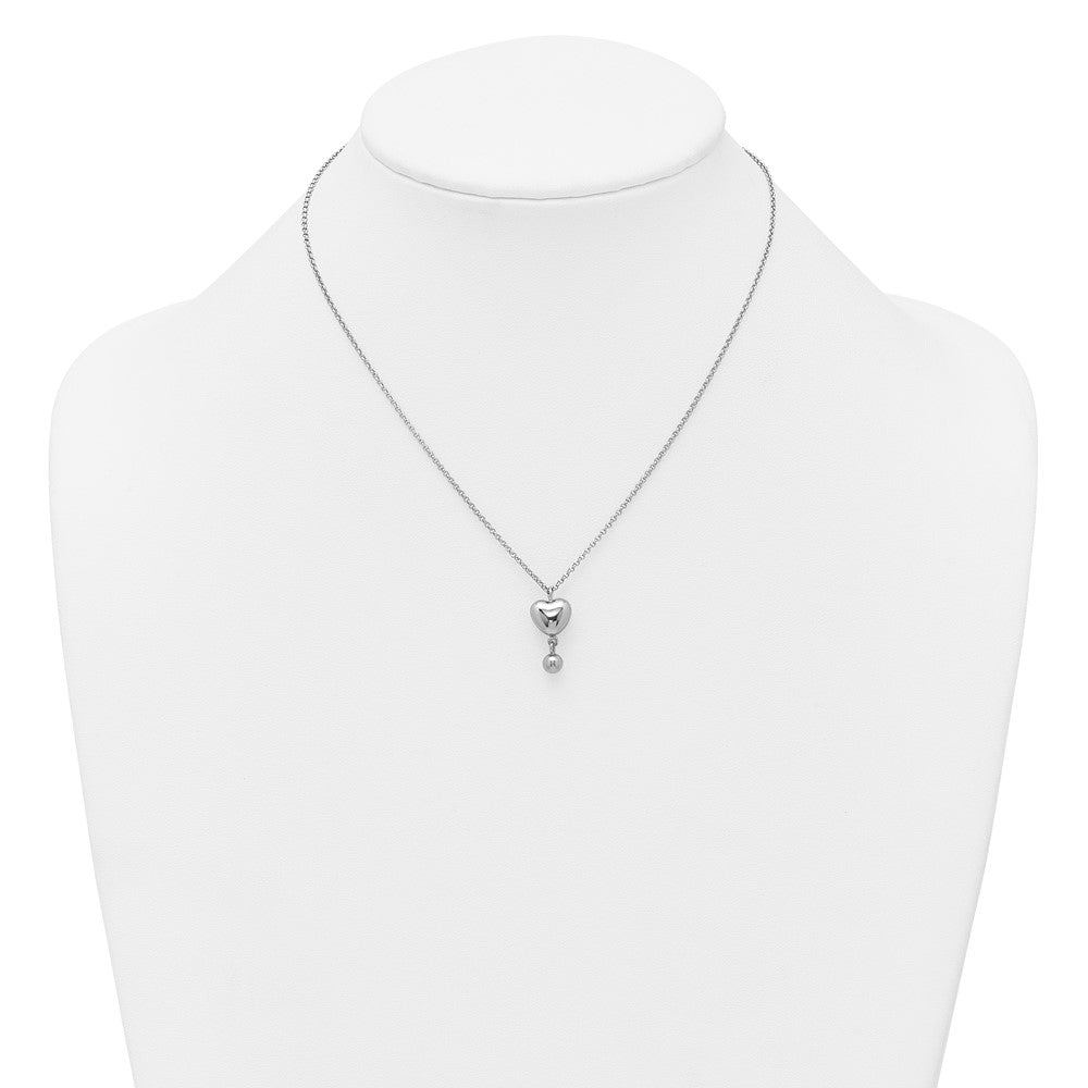 Sterling Silver Rhodium-plated Polished Puffed Heart and Ball Dangle 16 inch with 1 inch Extender Necklace 16 Inches