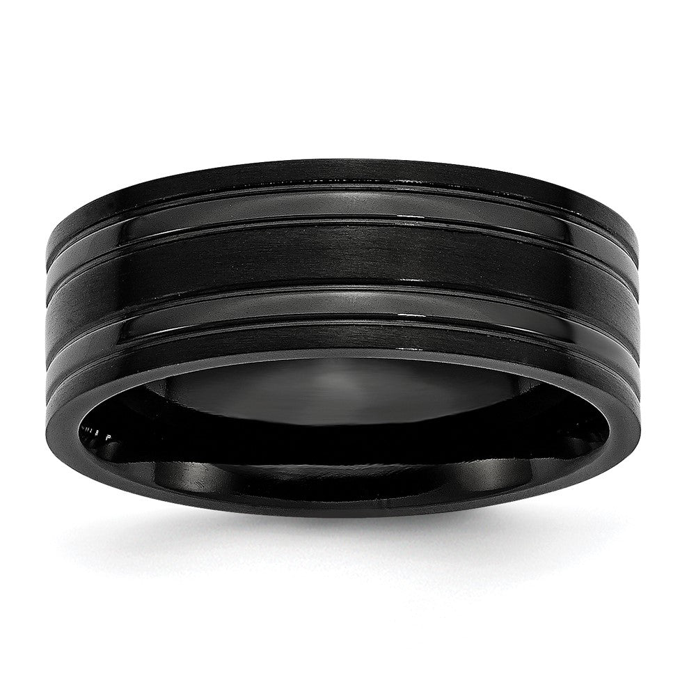 Titanium Brushed and Polished Black IP-plated 8mm Grooved Band Size - 10.5