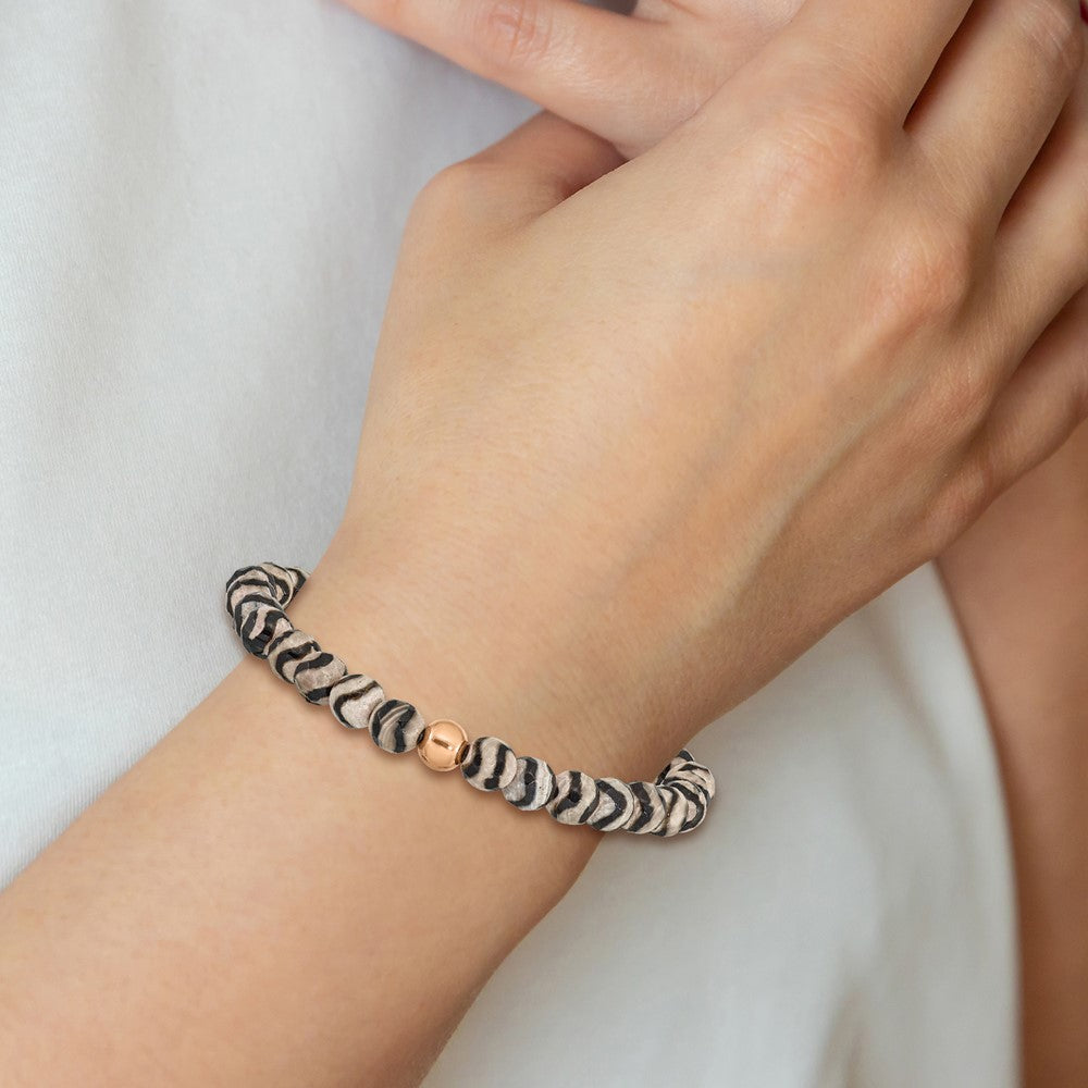 Stainless Steel Polished Rose IP Black and White Agate Stretch Bracelet 6.25 inches