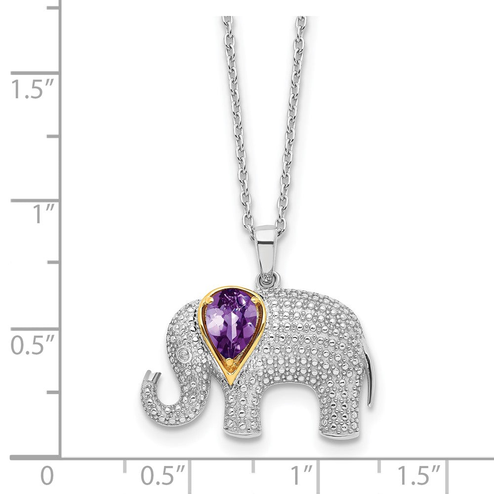 Brilliant Gemstones Sterling Silver with 14K Accent Rhodium-plated Amethyst and Diamond Elephant 18 Inch Necklace with 2 Inch Extender 17 Inches