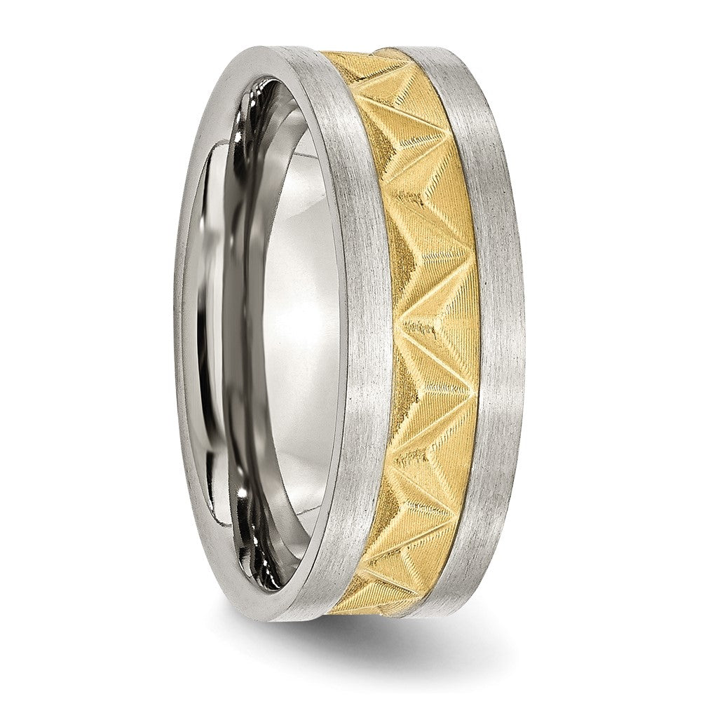 Stainless Steel Brushed Yellow IP-plated 8mm Grooved Band Size - 7.5