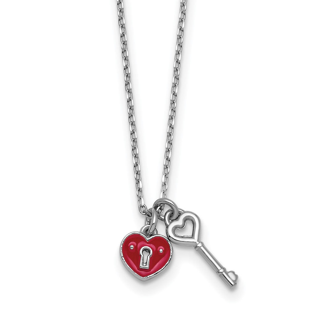 Sterling Silver Rhod-plat Enamel Heart Lock w/Key 16in w/1in ext Necklace 16 Inches