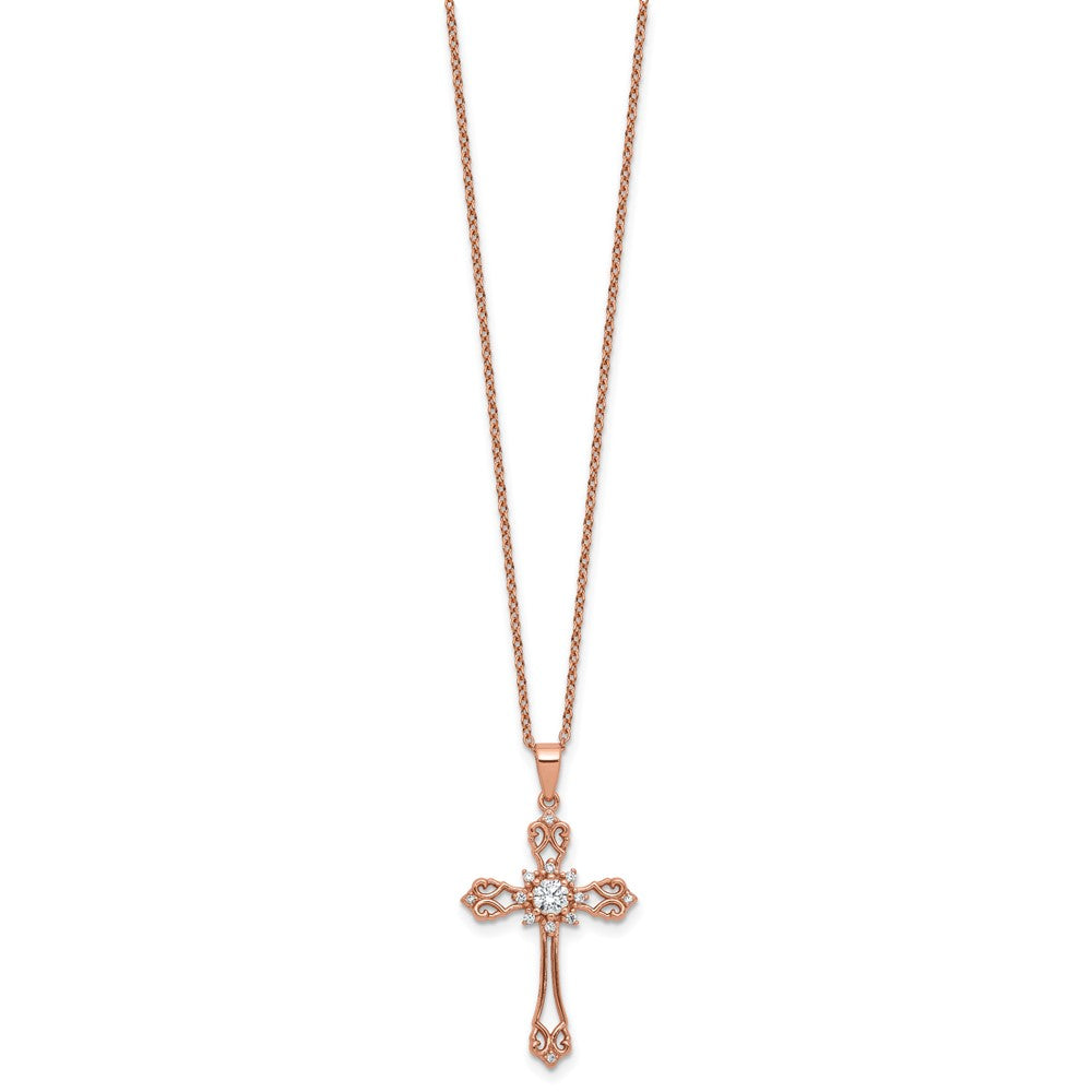 Cheryl M Sterling Silver Rose Gold-plated Polished CZ Cross with 2 Inch Extension Necklace 18 Inches