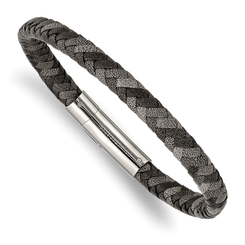 Stainless Steel Polished Black and Grey Braided Leather 8.25in Bracelet 8.25 inches
