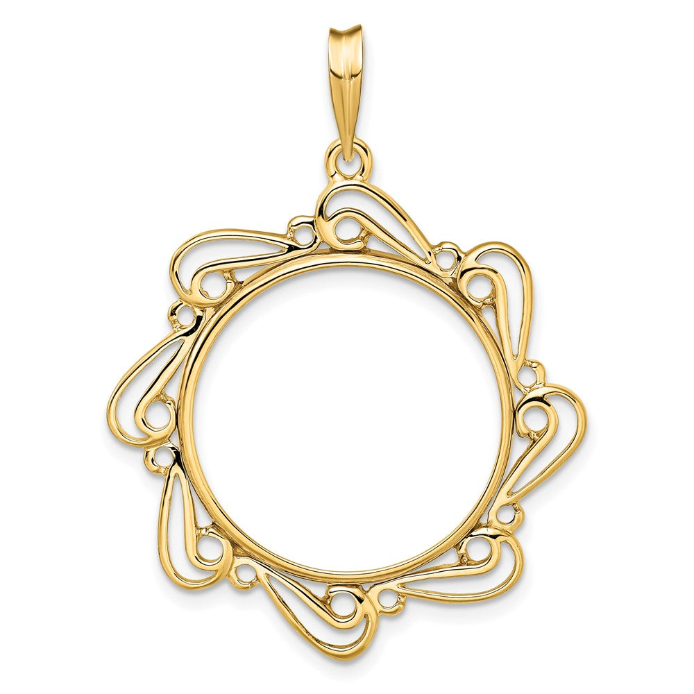 Wideband Distinguished Coin Jewelry 14k Polished Curved Scroll 21.6mm Prong Coin Bezel Pendant