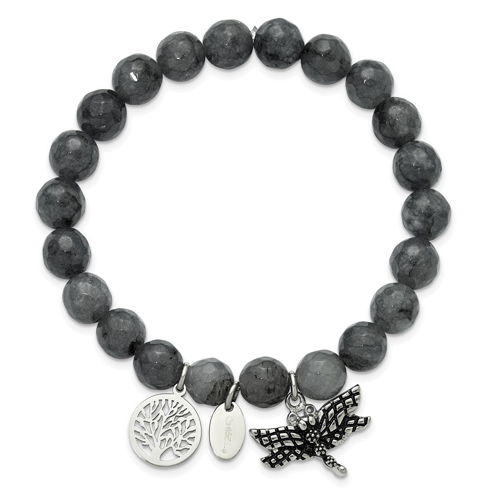 Stainless Steel Antiqued & Polished Dragonfly Grey Dyed Jade Bracelet 6 inches