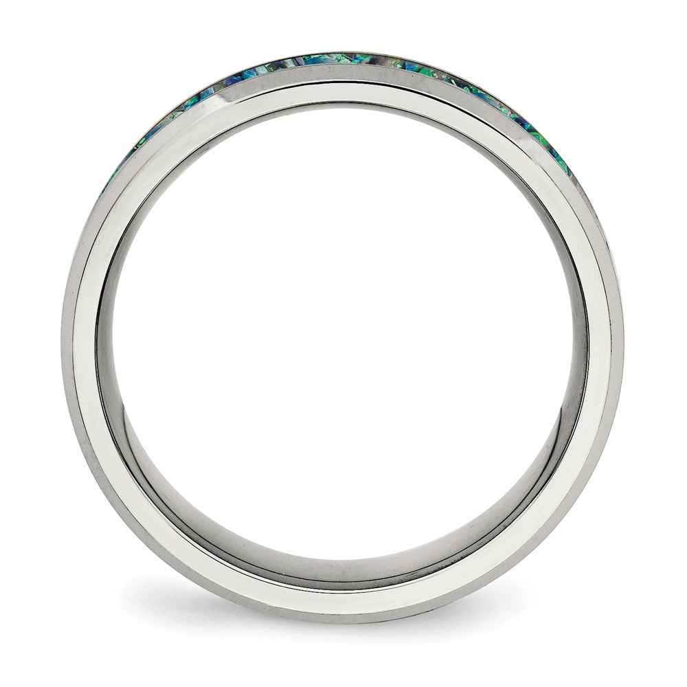 Stainless Steel Polished with Blue Imitation Opal Inlay 8mm Band Size - 7.5