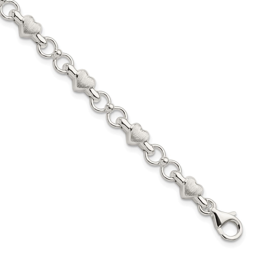Sterling Silver Satin & Polished Heart Chain Bracelet 7.5 inches