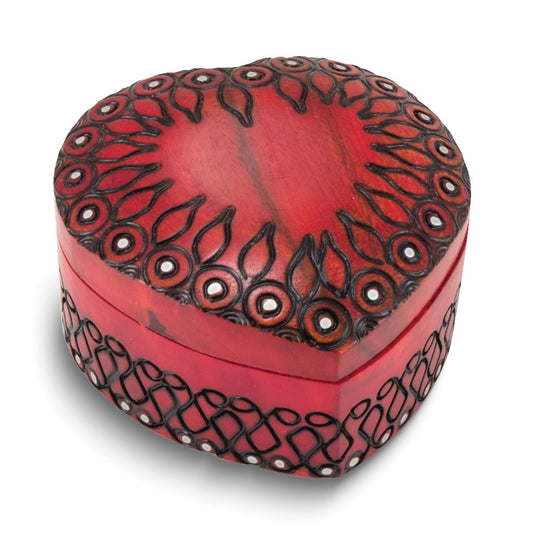 Handcrafted Solid Wood Red Heart Carved and Painted Keepsake Box