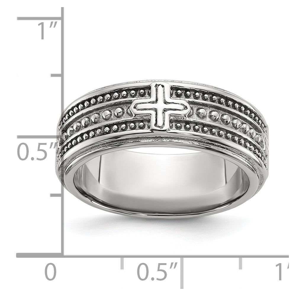 Chisel Stainless Steel Polished Cross 7.7mm Grooved and Beaded Band Size - 9