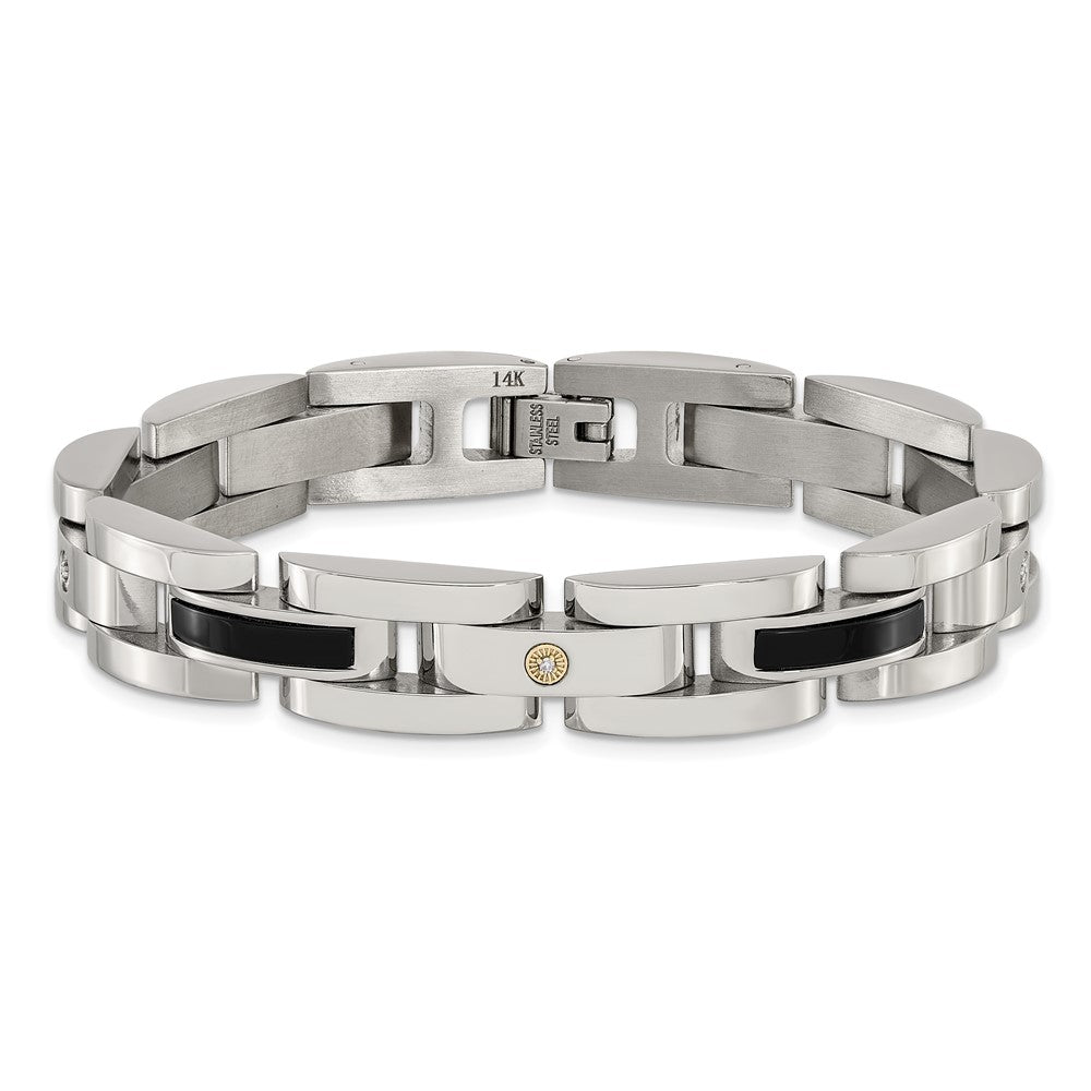 Chisel Stainless Steel Polished with .03ct Diamond and Onyx 8.25 inch Link Bracelet 8.25 inches