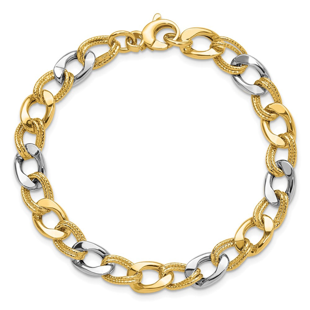 14K Two-tone Polished and Textured Fancy Link Bracelet 7.5  inches