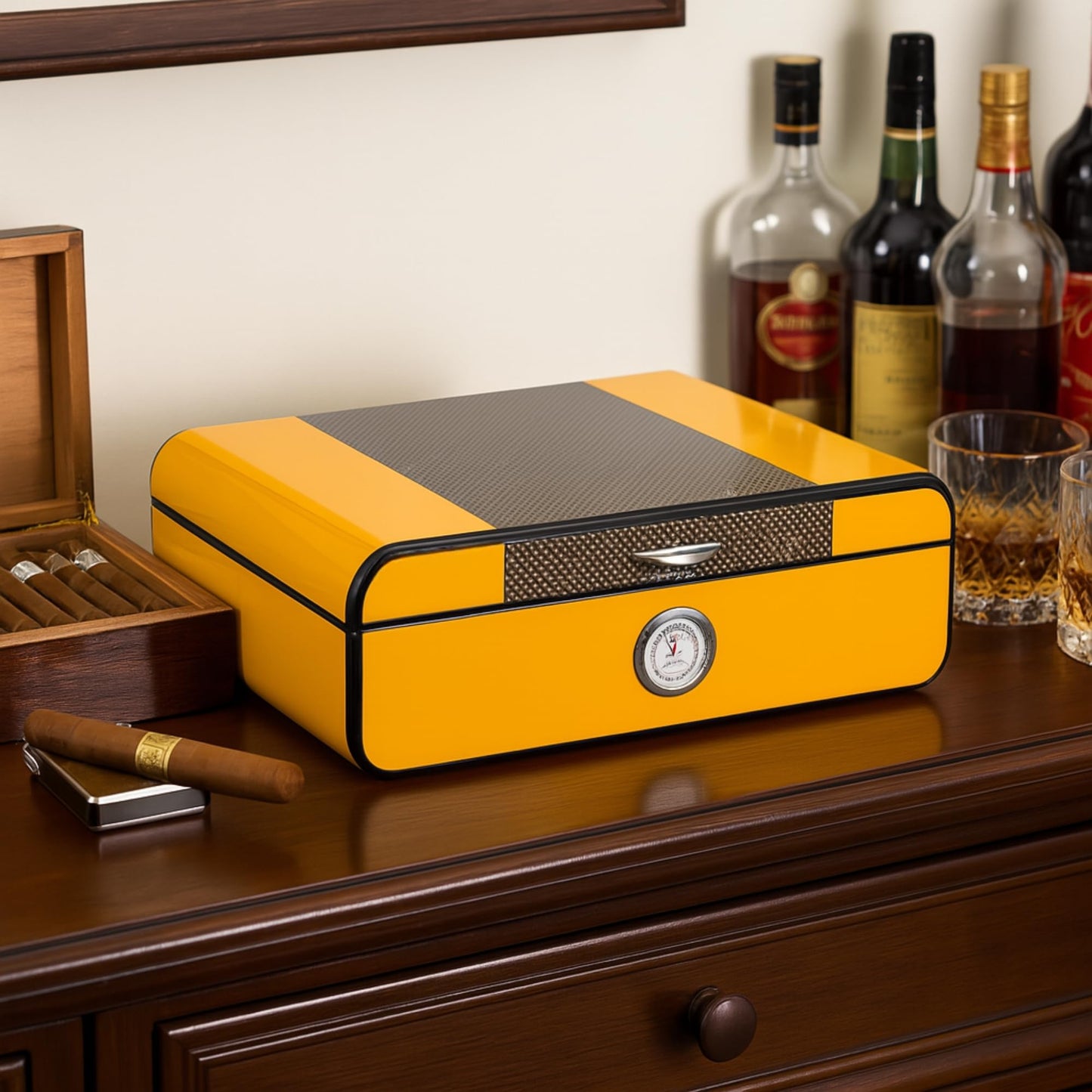 Bey-Berk Carbon Fiber and Yellow 25 Cigar Humidor