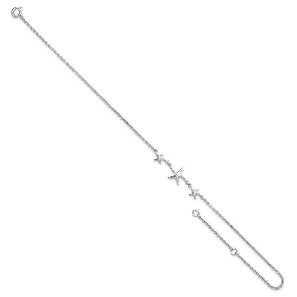 Sterling Silver Rhodium-plated 10in w/1in ext Three Stars Anklet 10 inches