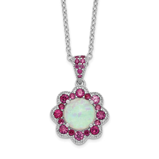 Cheryl M Sterling Silver Rhodium-plated Cabochon Lab Created Opal and Brilliant-cut Red Nano Crystal Flower 18 Inch Necklace 18 Inches