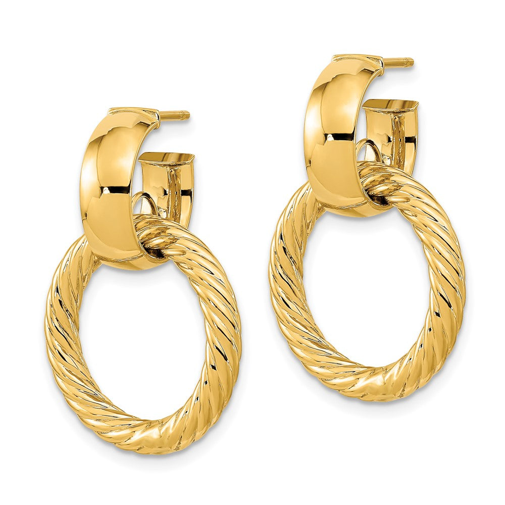 14K Polished and Textured Fancy Dangle Post Hoop Earrings