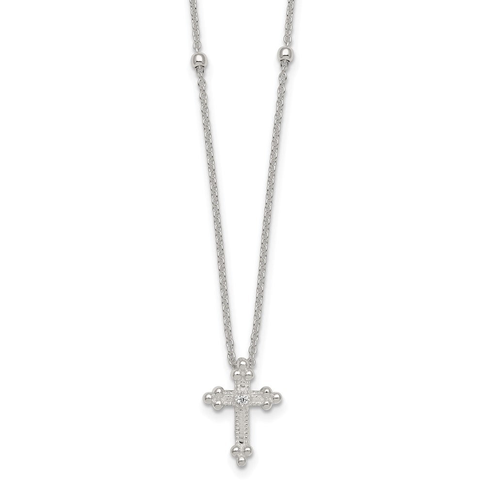 Sterling Silver Polished and Beaded White CZ Budded Cross 16.5 inch with 1 inch Extension Necklace