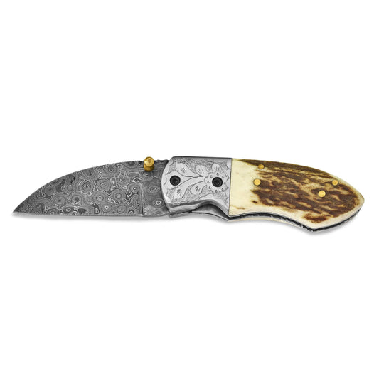 Luxury Giftware Damascus Steel 256 Layer Folding Blade Steel Guard Staghorn Handle Knife with Leather Sheath and Wooden Gift Box QKN1610