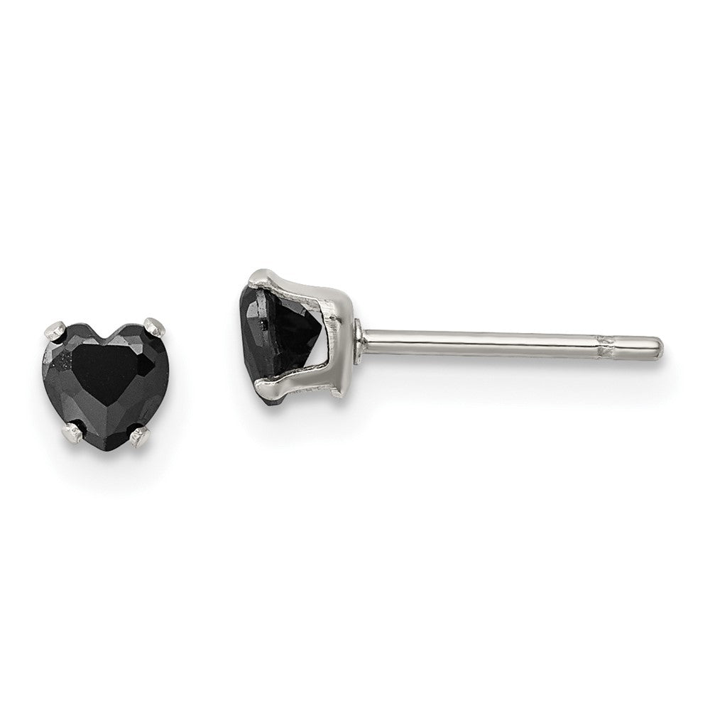 Stainless Steel Polished 4mm Black Heart CZ Stud Post Earrings