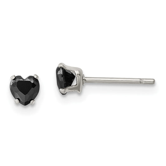 Stainless Steel Polished 4mm Black Heart CZ Stud Post Earrings