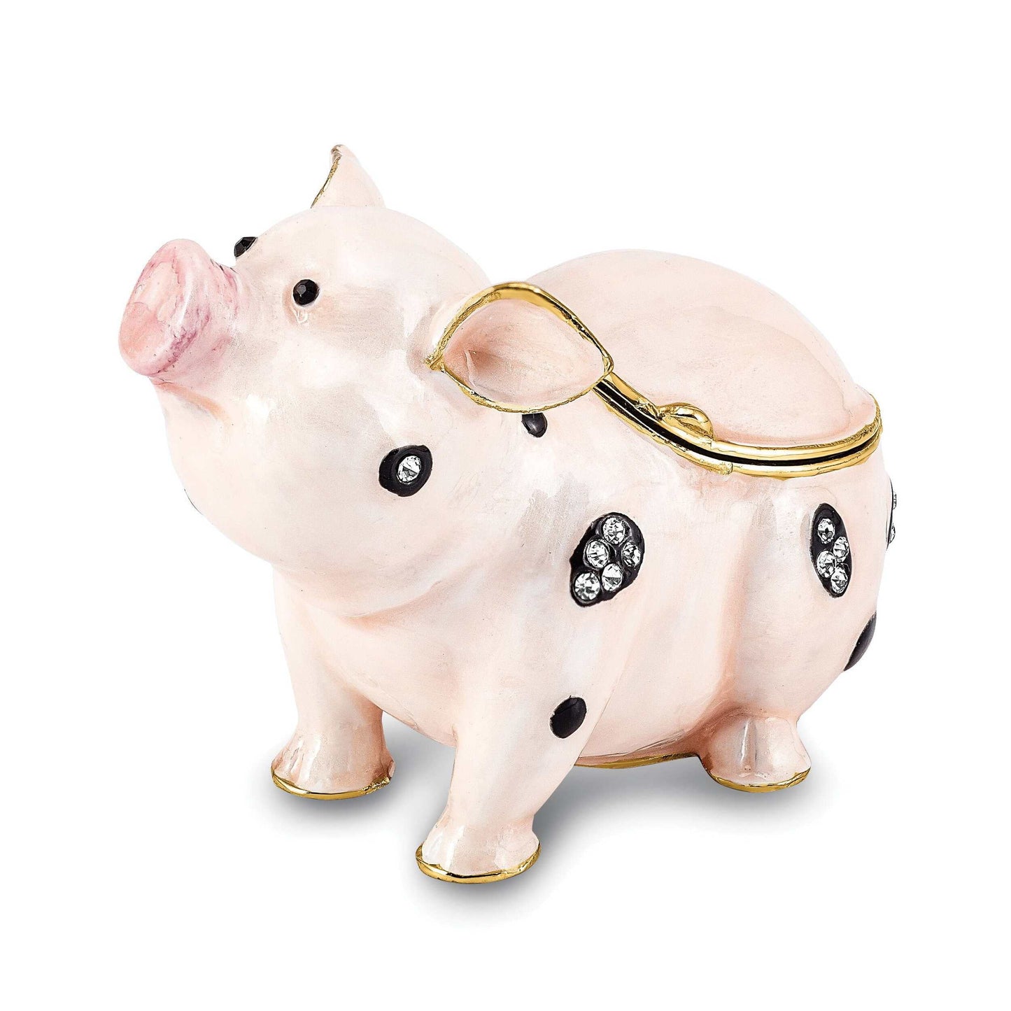 Luxury Giftware by Jere Pewter Bejeweled Crystals Gold-tone Enameled PETUNIA Spotted Pig Trinket Box with Matching 18 Inch Necklace QBJ4073