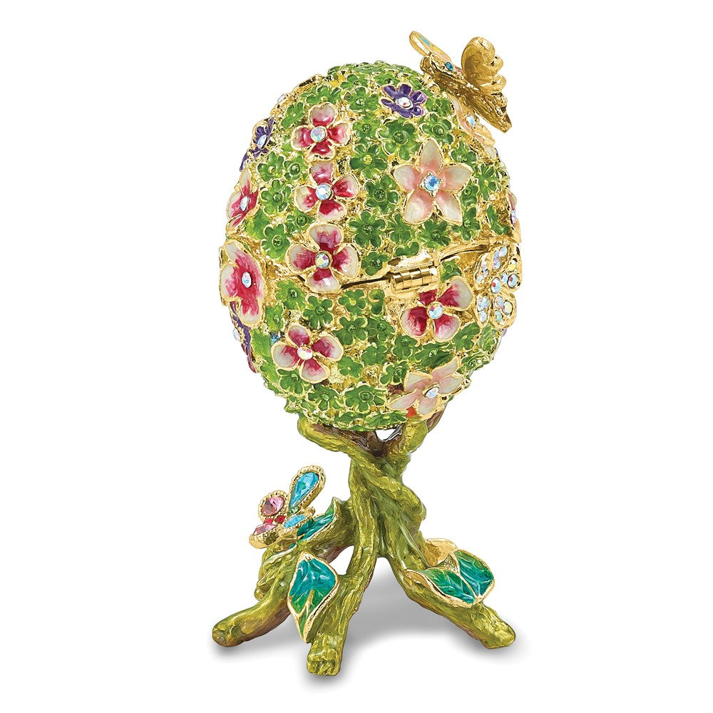 Luxury Giftware by Jere Bejeweled BUDS Green Floral Egg Trinket Box with Ring Insert and Matching 18 inch Necklace