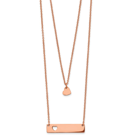 Stainless Steel Polished Rose IP Heart Bar Multi Strand 1.5in ext Necklace