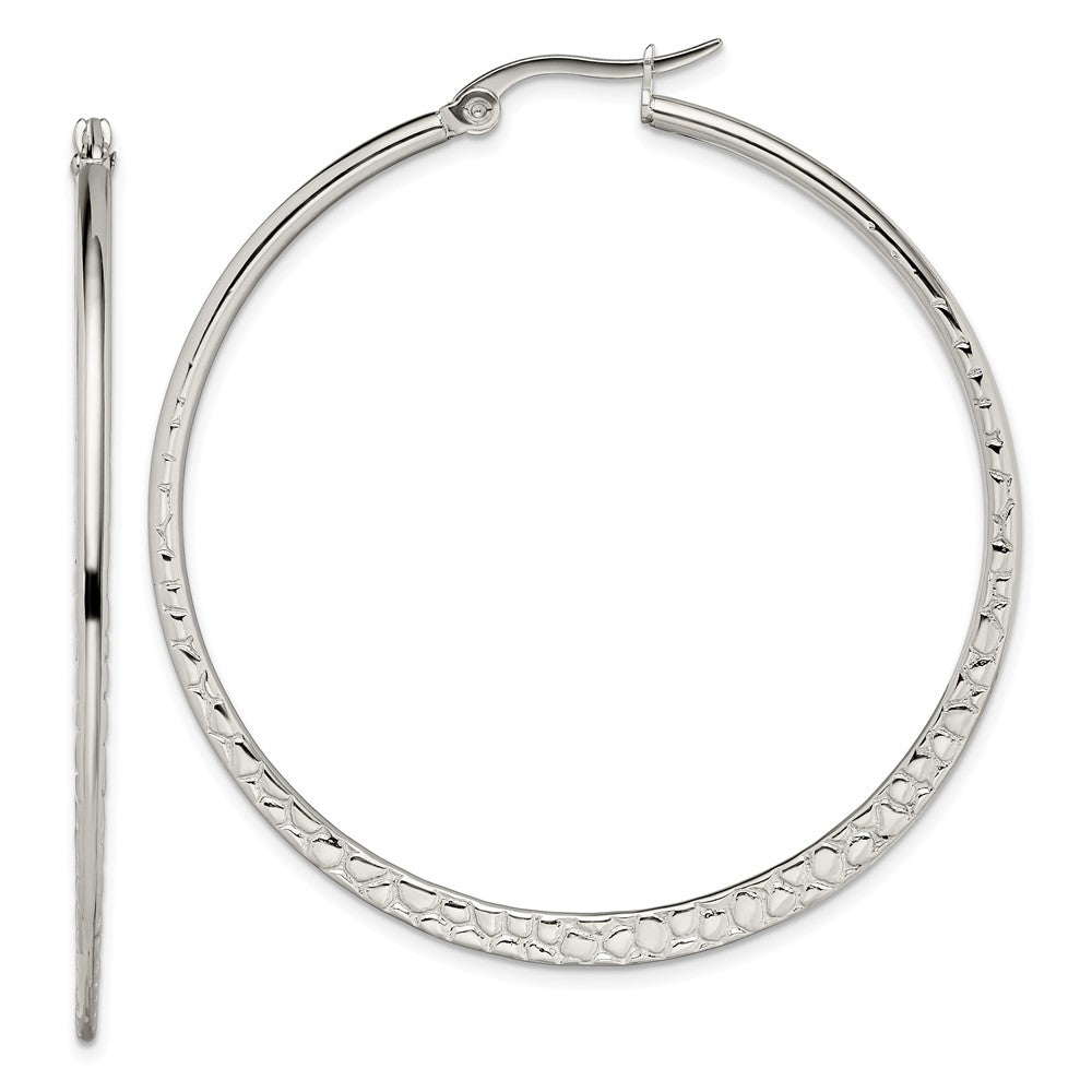 Stainless Steel Polished and Textured 50mm Diameter Hoop Earrings
