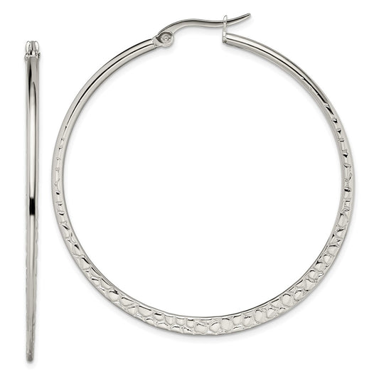 Stainless Steel Polished and Textured 50mm Diameter Hoop Earrings