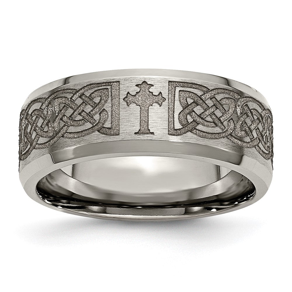 Titanium Brushed & Polished Cross Laser Design 8mm Beveled Edge Band Size - 12.5