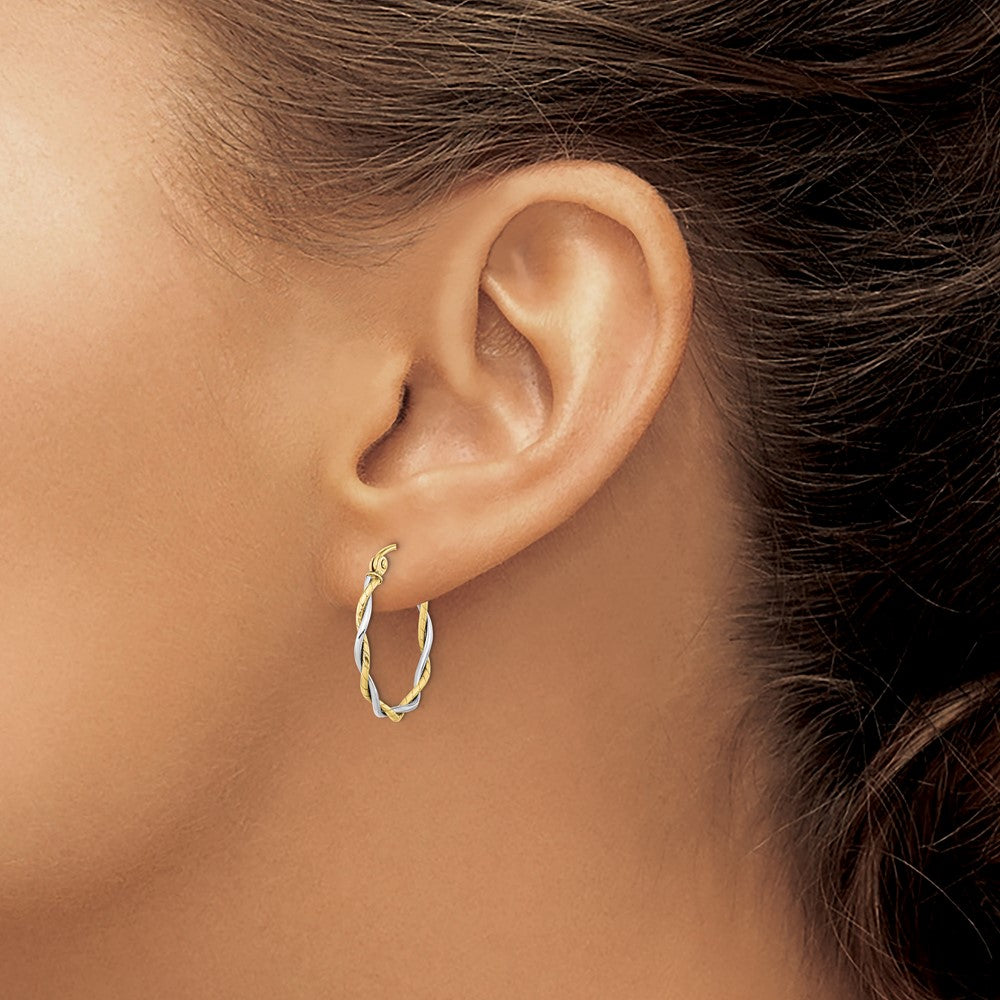 10k Two-tone Polished 1.8mm Twisted Hoop Earrings