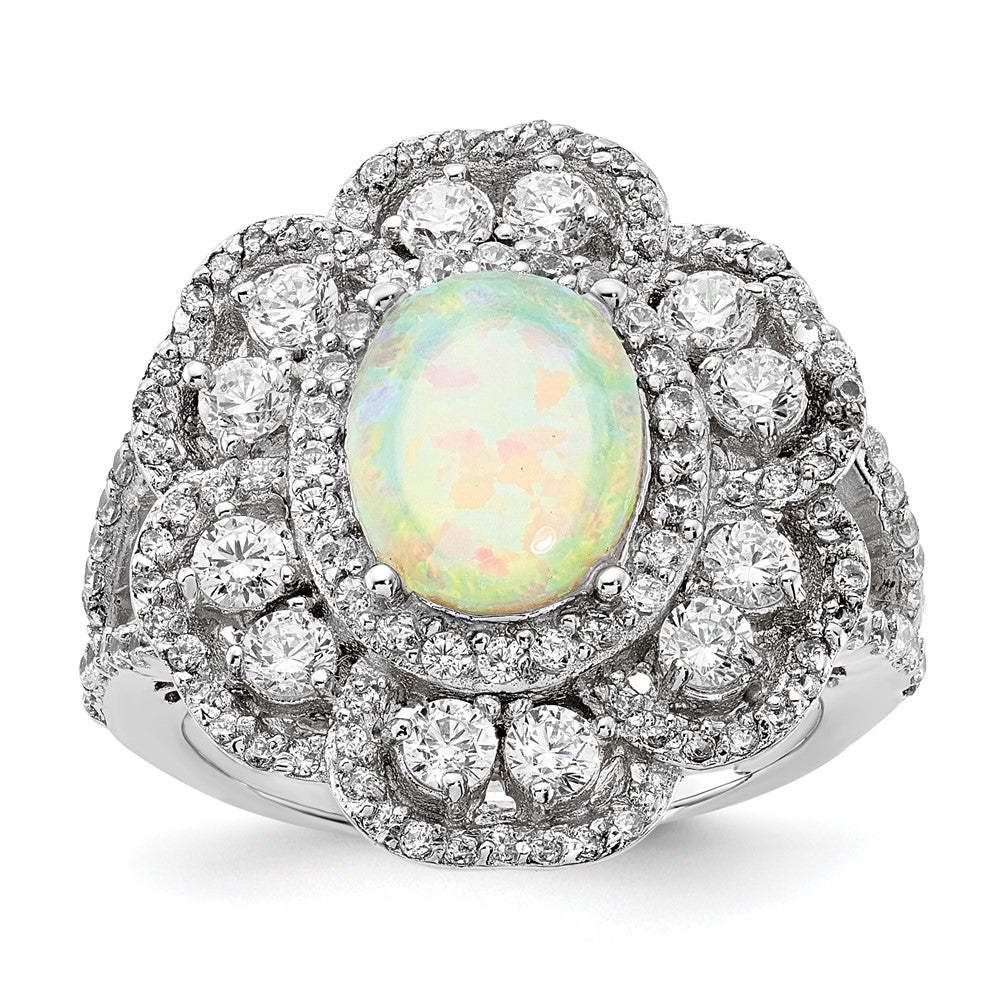 Sterling Silver White Opal Center and CZ Accent Fancy Ring