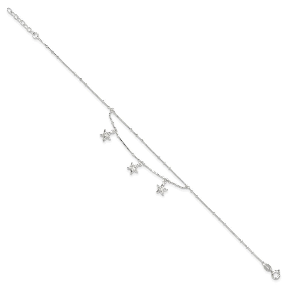 Sterling Silver Polished 2-Strand Starfish 9in Plus 1in Ext Anklet 9 inches