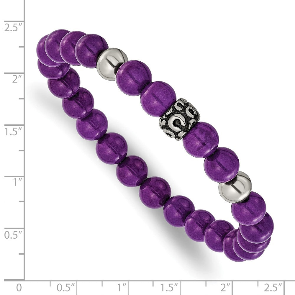 Chisel Stainless Steel Antiqued and Polished 8mm Purple Stone Beaded 7 inch Stretch Bracelet 7 inches