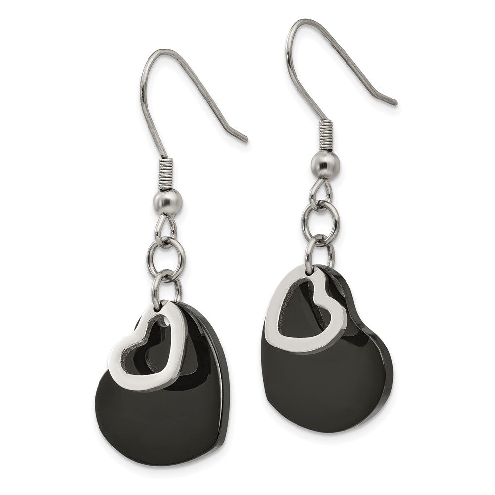 Stainless Steel Polished Black IP-plated Heart Dangle Earrings