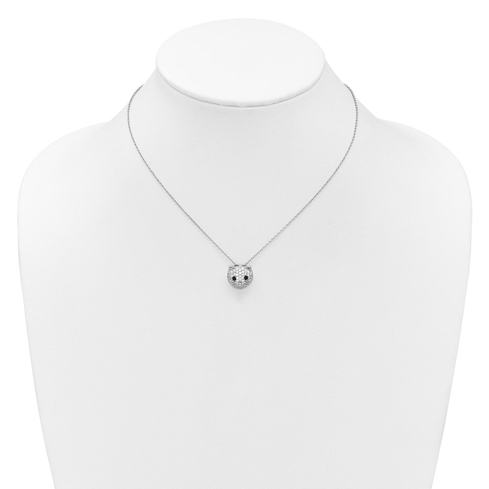 Cheryl M Sterling Silver Rhodium-plated Polished Black and White CZ Cat 16 Inch with 2 Inch Extension Necklace