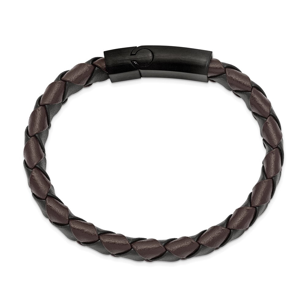 Stainless Steel Brushed Black IP Black/Brown Leather 8.25in Bracelet 8.25 inches