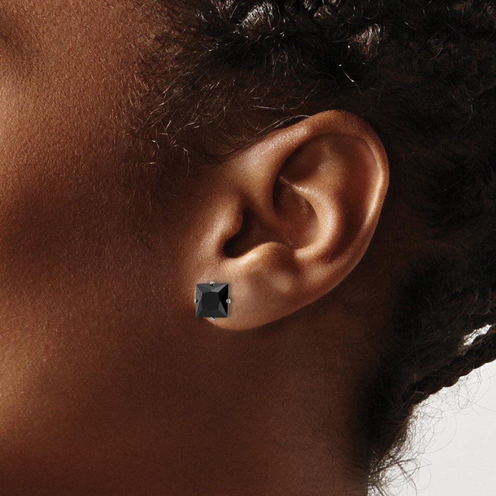 Stainless Steel Polished 7mm Black Square CZ Stud Post Earrings