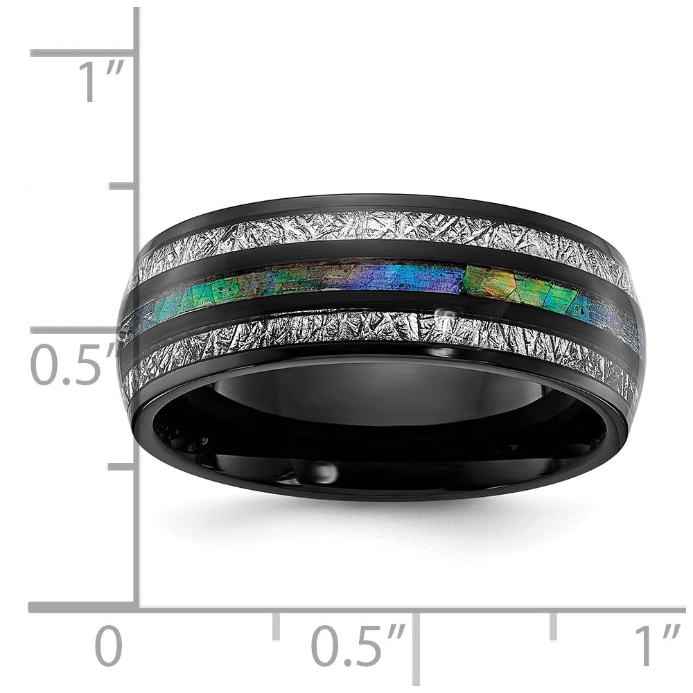 Chisel Titanium Polished Black IP-plated with Abalone and Imitation Meteorite Inlay 8mm Band Size - 8.5
