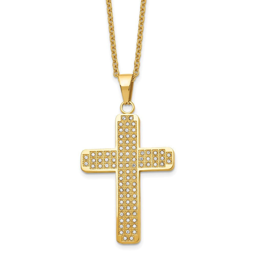 Stainless Steel Polished Yellow IP-plated w/CZ Cross 22in Necklace