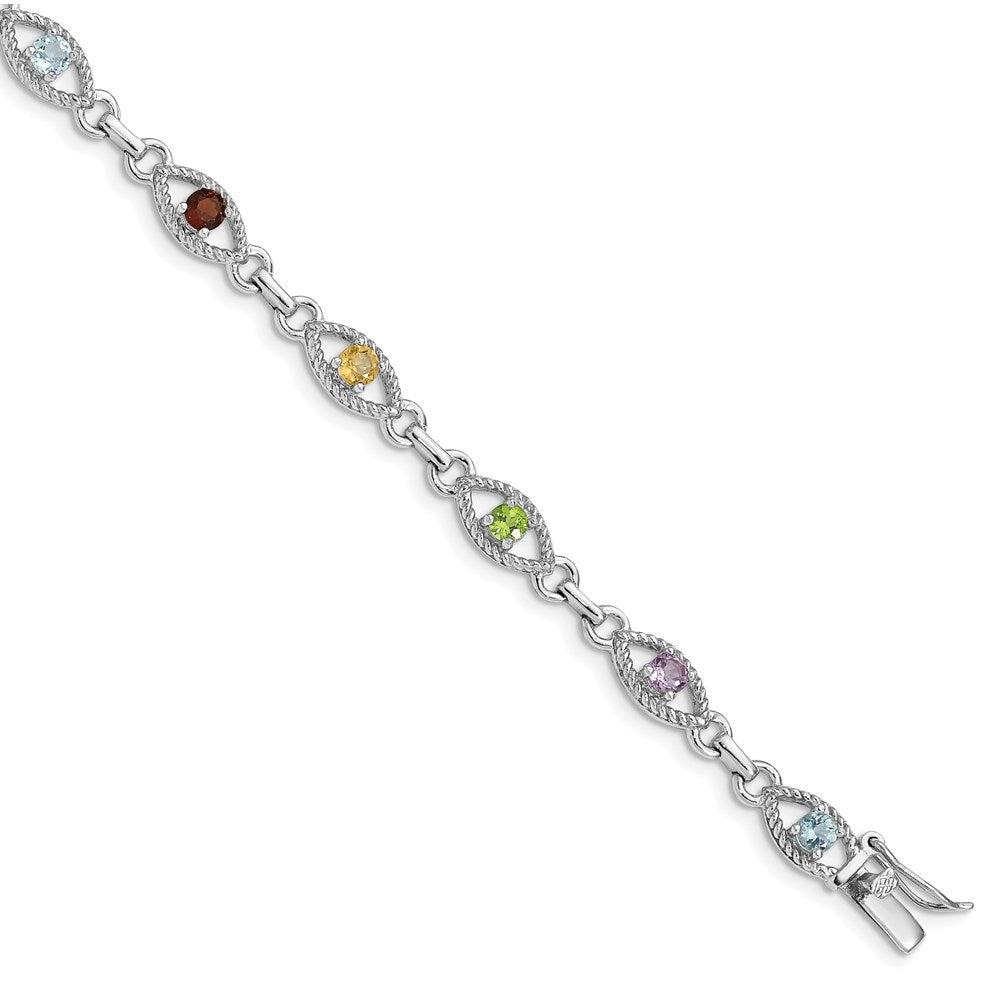 Sterling Silver 7in Rhod Plated Multicolored Gemstone Link Bracelet 7 inches