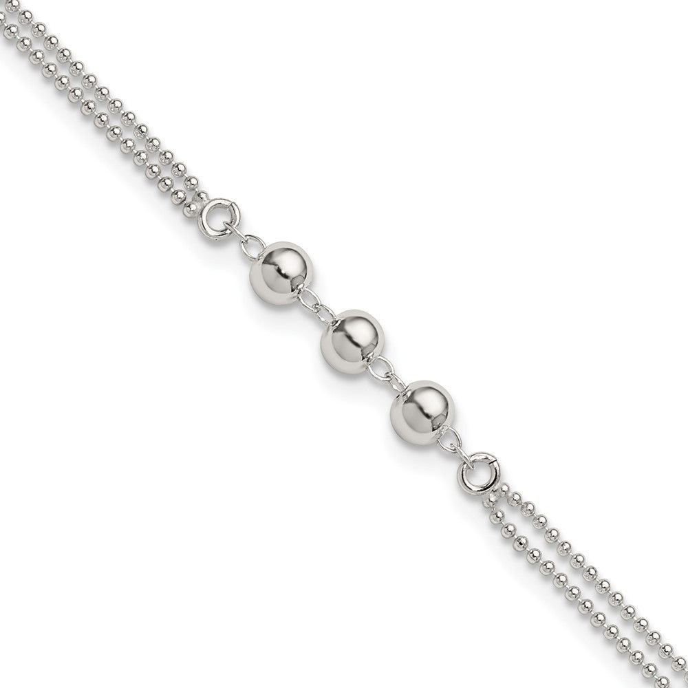 Sterling Silver Polished Beaded Double Strand 9 inch with 1 inch Extension Anklet