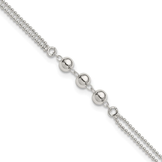 Sterling Silver Polished Beaded Double Strand 9 inch with 1 inch Extension Anklet