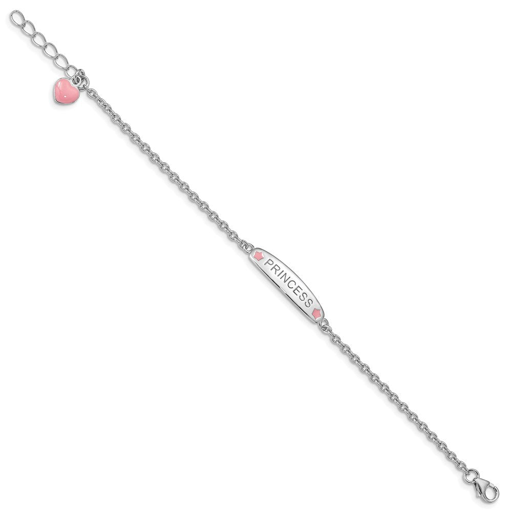 Sterling Silver Rhodium-plated Polished & Pink Enameled PRINCESS with 1 Inch Extension Children's Bracelet 7 inches