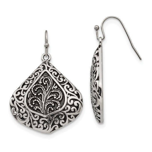 Stainless Steel Antiqued Polished & Textured Shepherd Hook Earrings